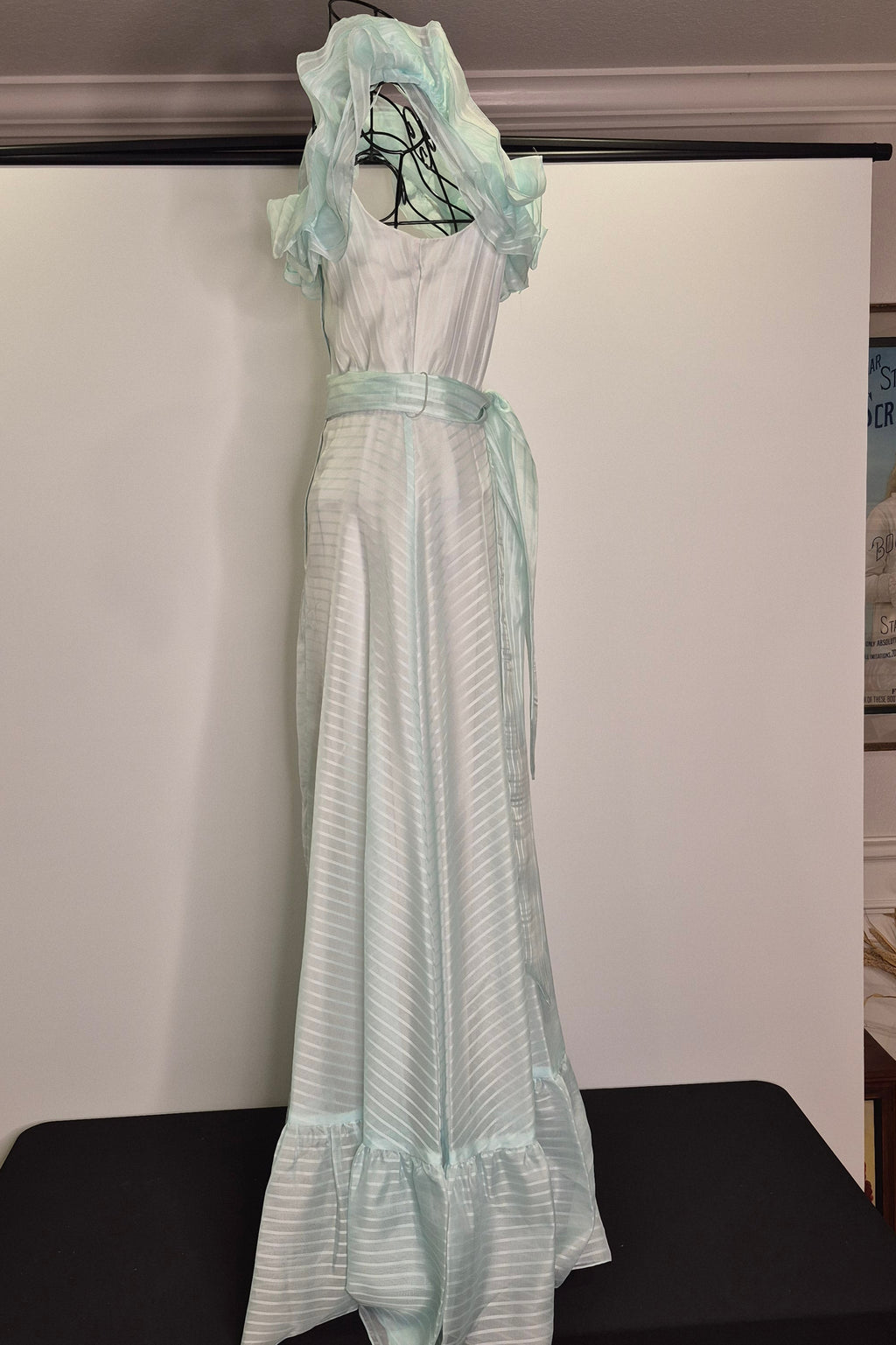 Roberta California Vintage Formal Dress – Light Blue Teal Ruffled Shoulder