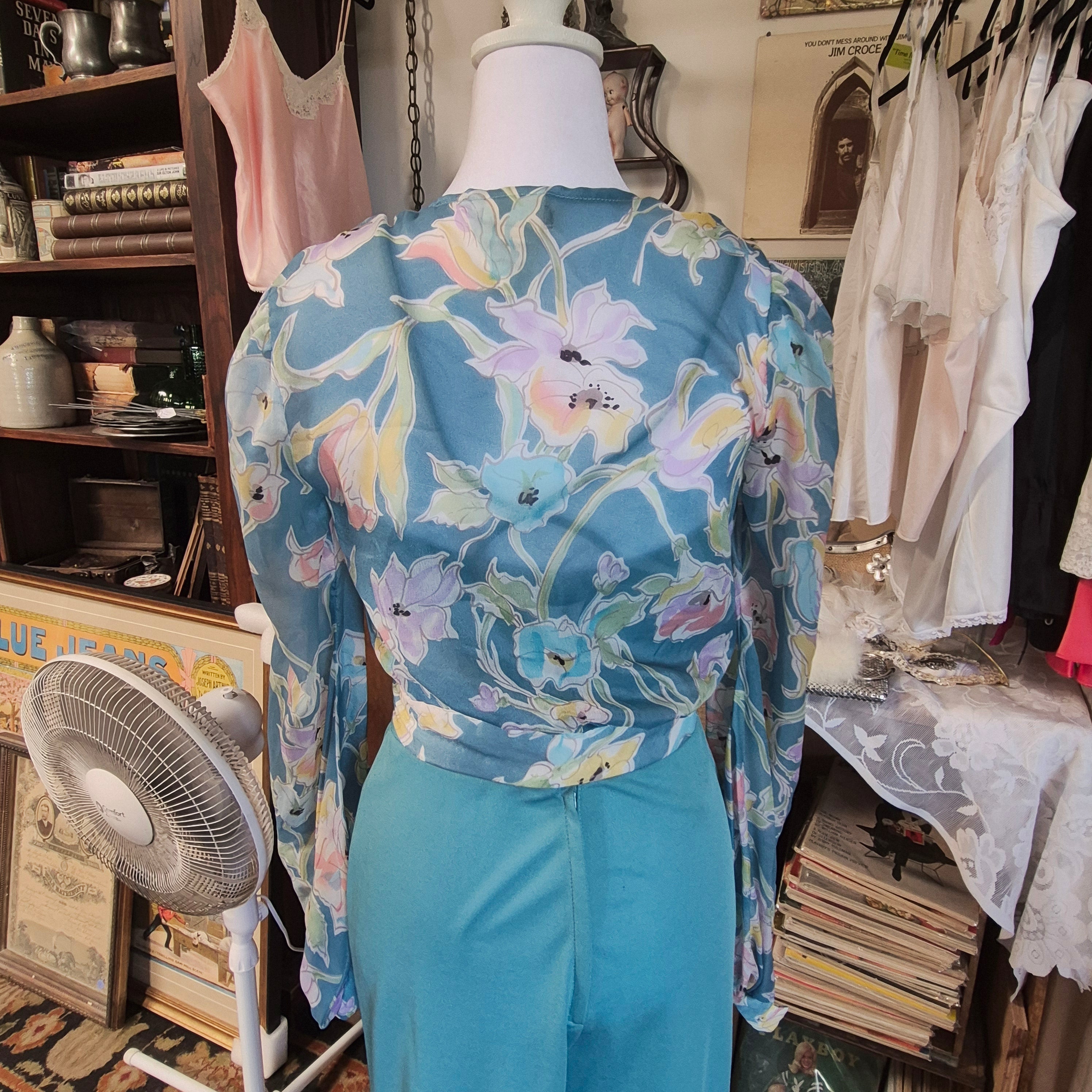 1970s Joseph Magnin 3-Piece high-waist gaucho bottoms floral wrap top