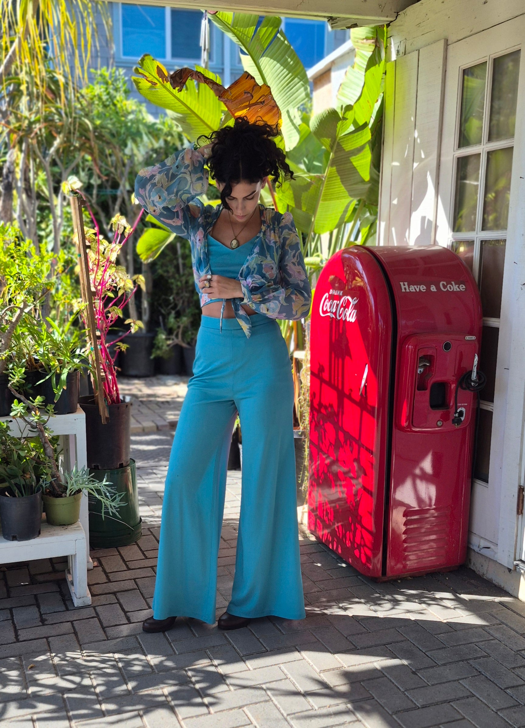 1970s Joseph Magnin 3-Piece high-waist gaucho bottoms floral wrap top