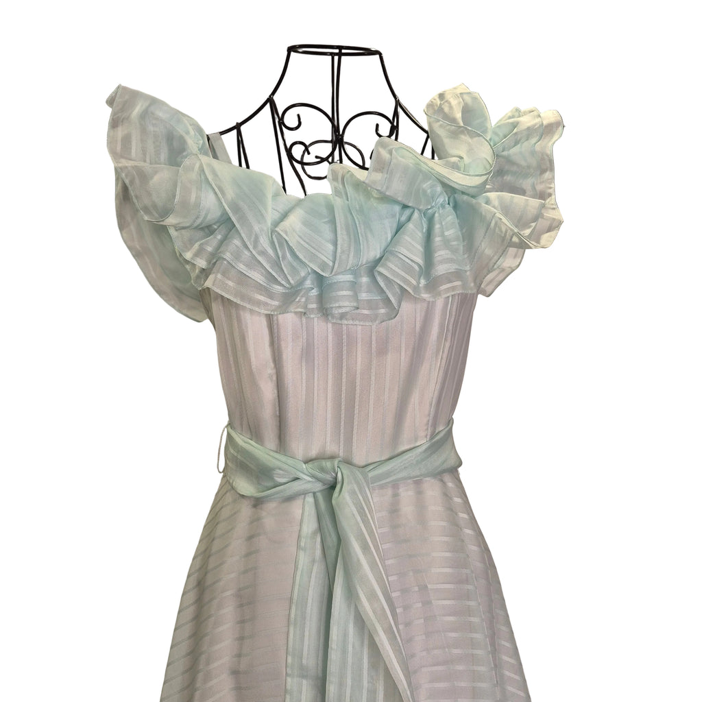 Roberta California Vintage Formal Dress – Light Blue Teal Ruffled Shoulder