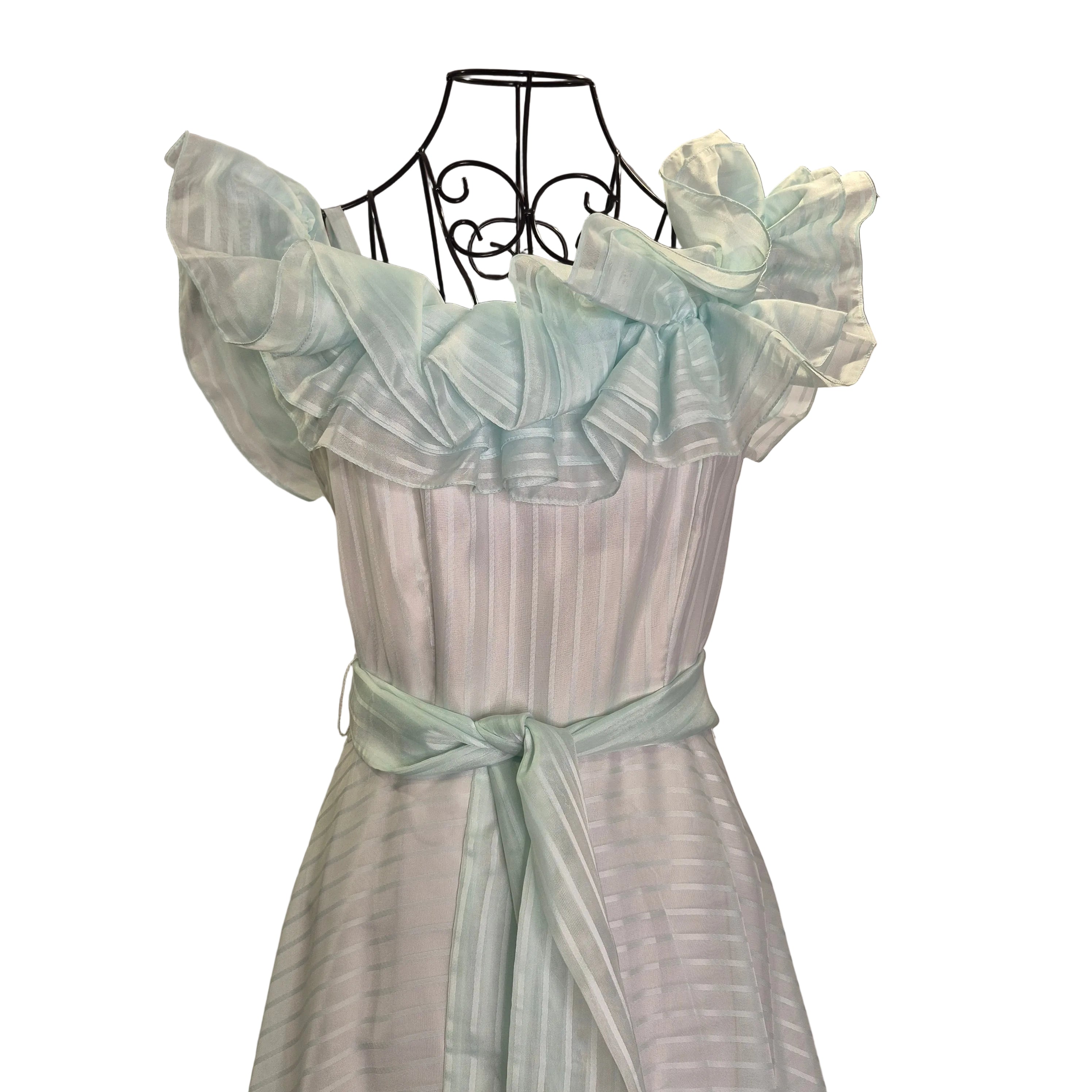 Roberta California Vintage Formal Dress – Light Blue Teal Ruffled Shoulder
