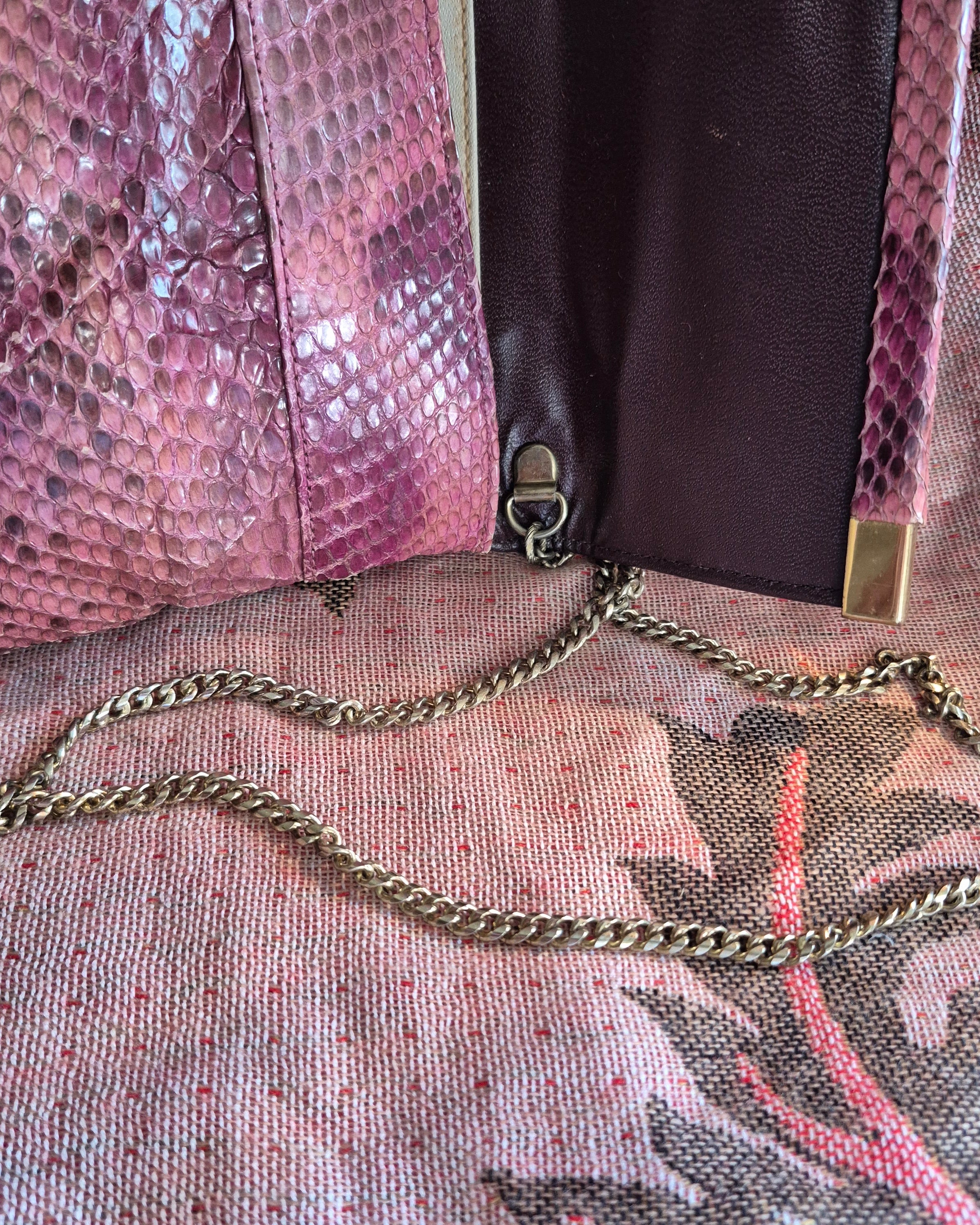 Vintage 1970s Bags by Supreme Real Snakeskin Chain Shoulder Bag Deep Pink Gold