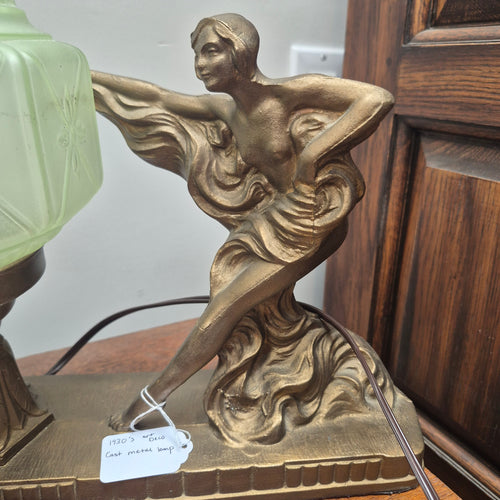 1920s Art Deco Dancer Figural Lamp with Green Glass Globe