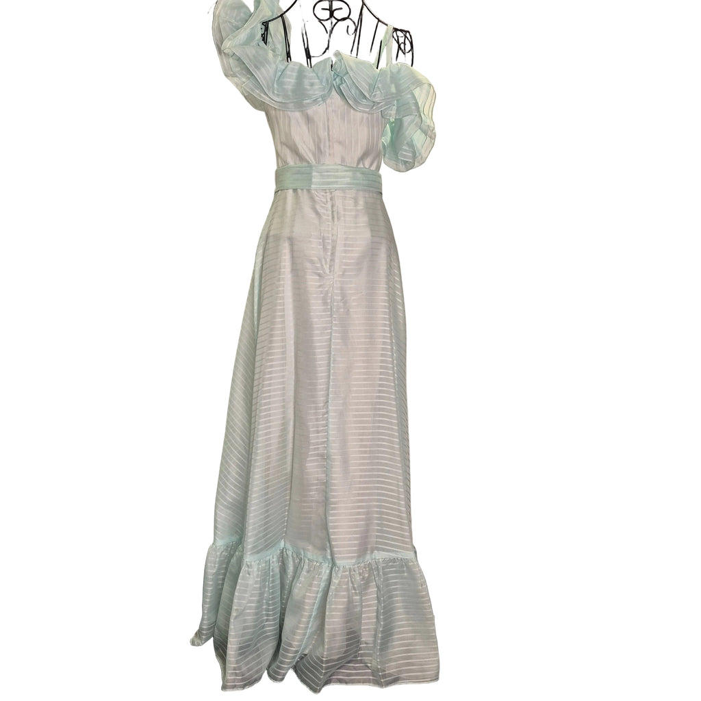 Roberta California Vintage Formal Dress – Light Blue Teal Ruffled Shoulder