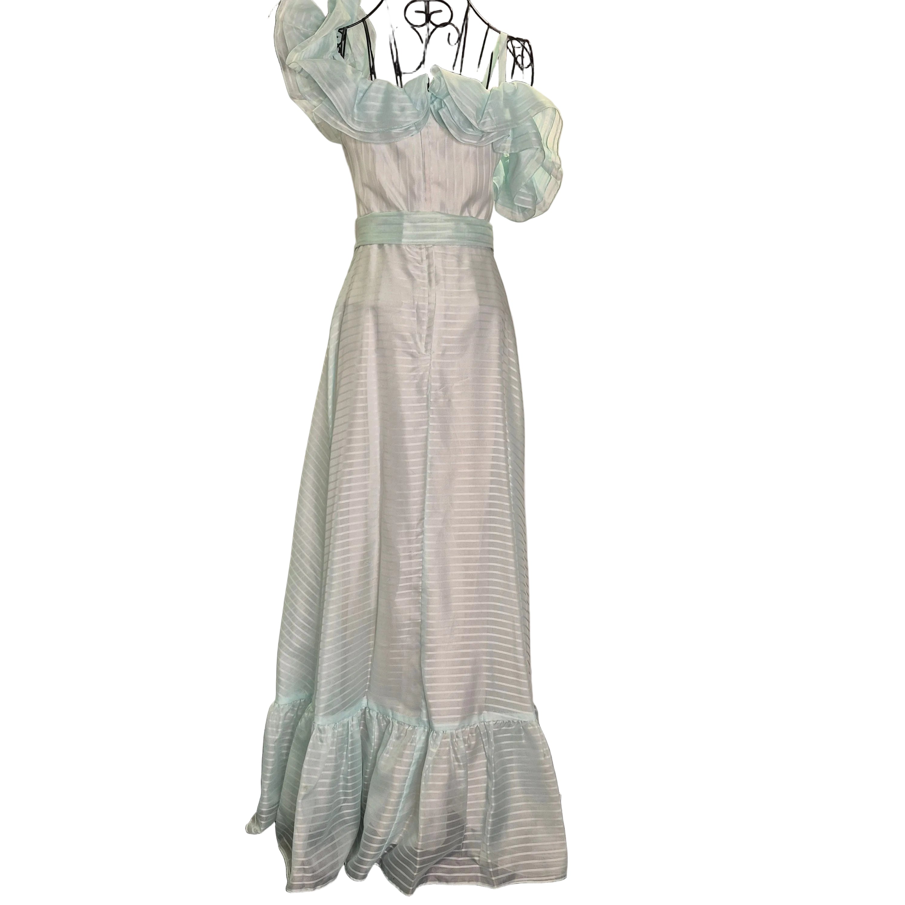 Roberta California Vintage Formal Dress – Light Blue Teal Ruffled Shoulder