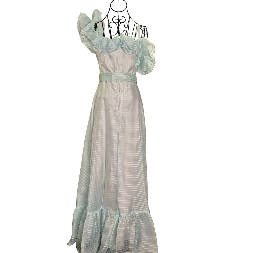 Roberta California Vintage Formal Dress – Light Blue Teal Ruffled Shoulder