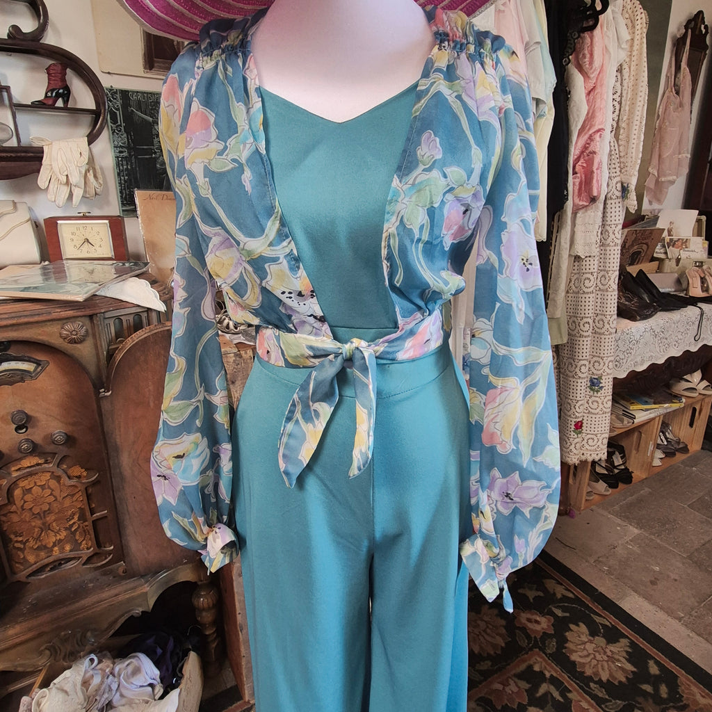 1970s Joseph Magnin 3-Piece high-waist gaucho bottoms floral wrap top