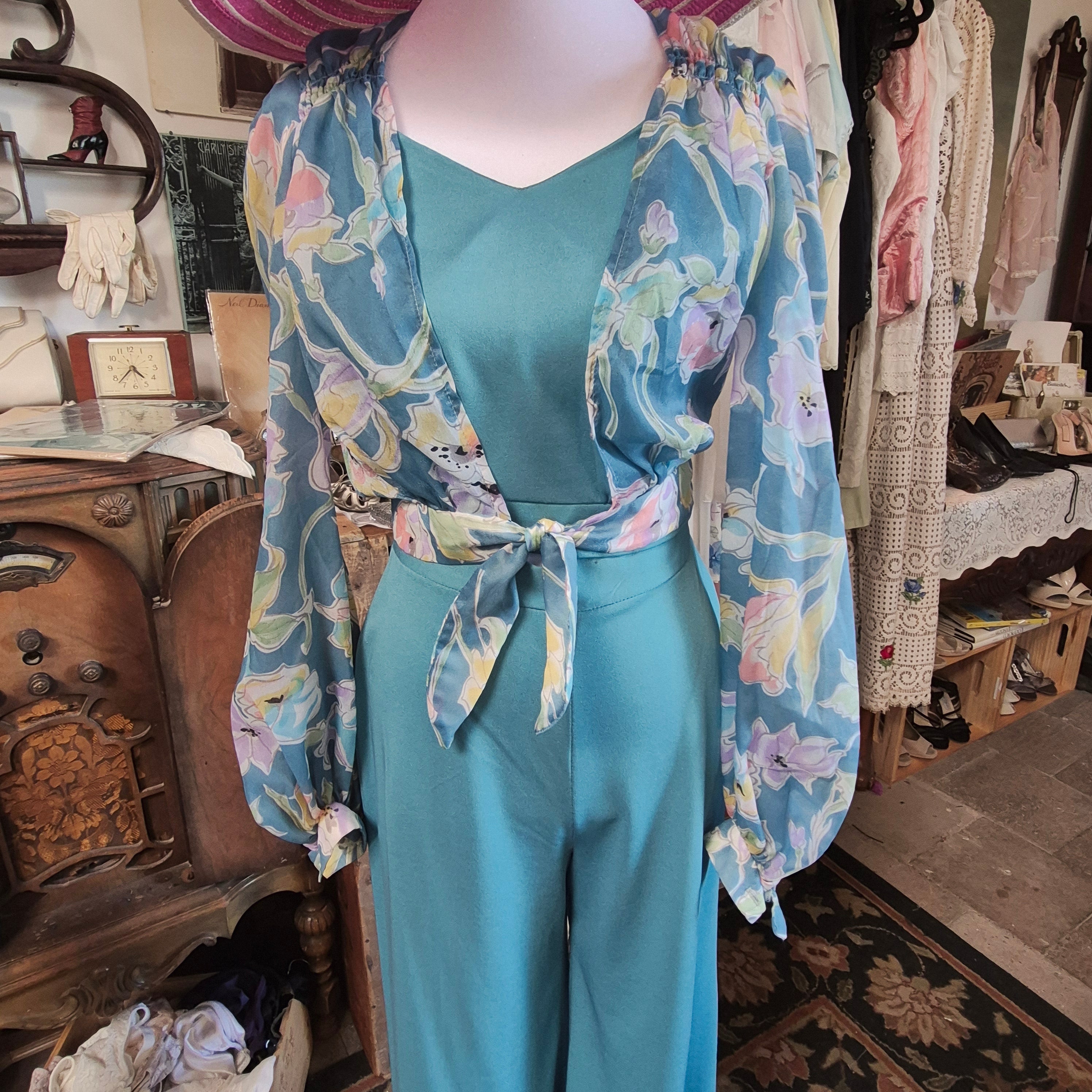 1970s Joseph Magnin 3-Piece high-waist gaucho bottoms floral wrap top