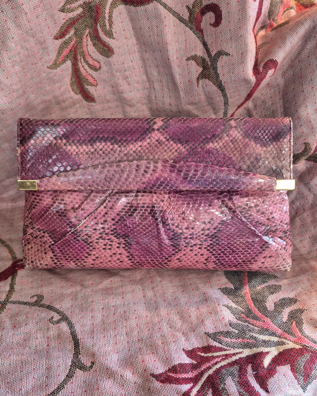 Vintage 1970s Bags by Supreme Real Snakeskin Chain Shoulder Bag Deep Pink Gold