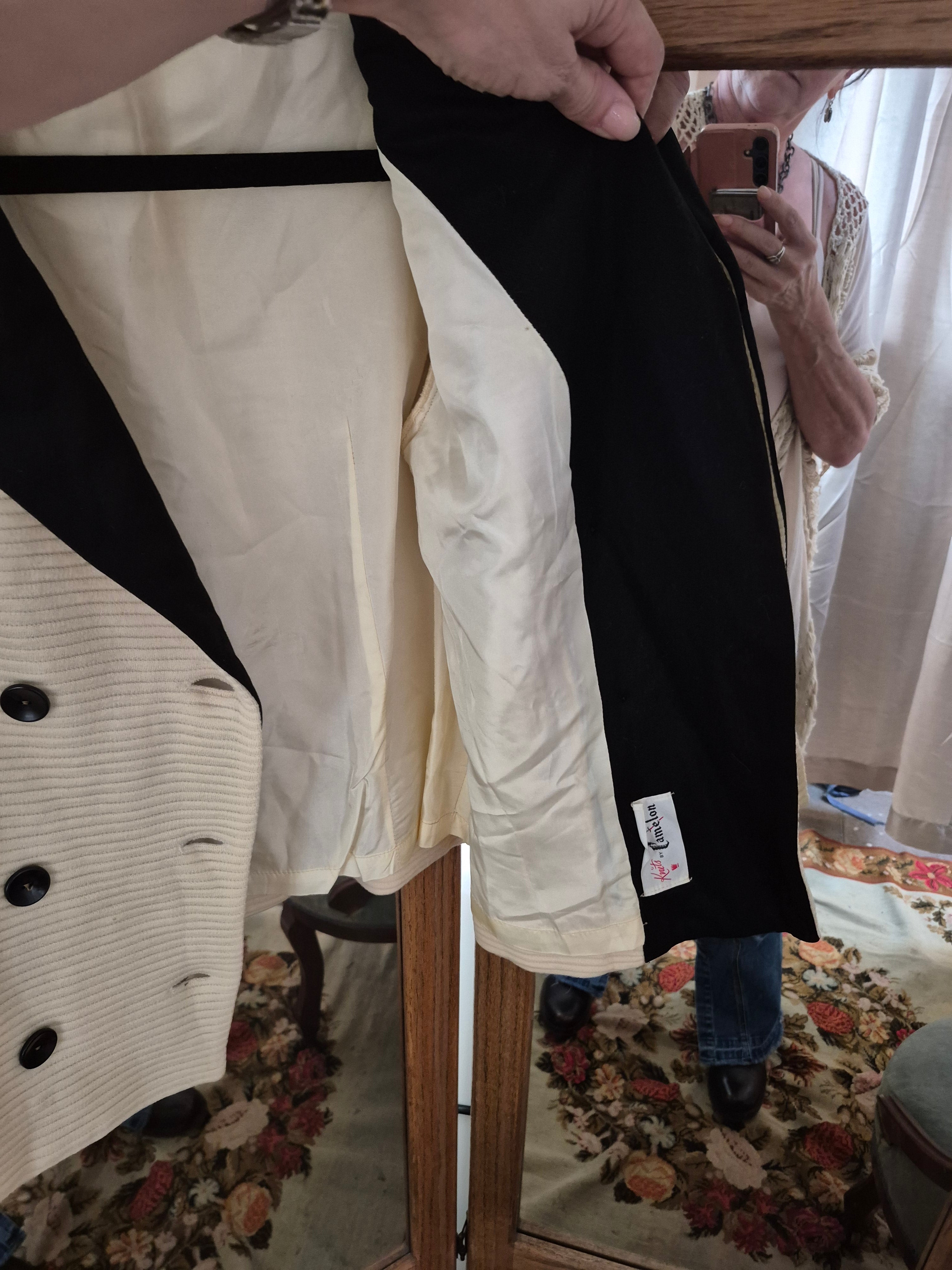 Vintage 1960s Camelon Knit Jacket - Cream & Black Double-Breasted Blazer