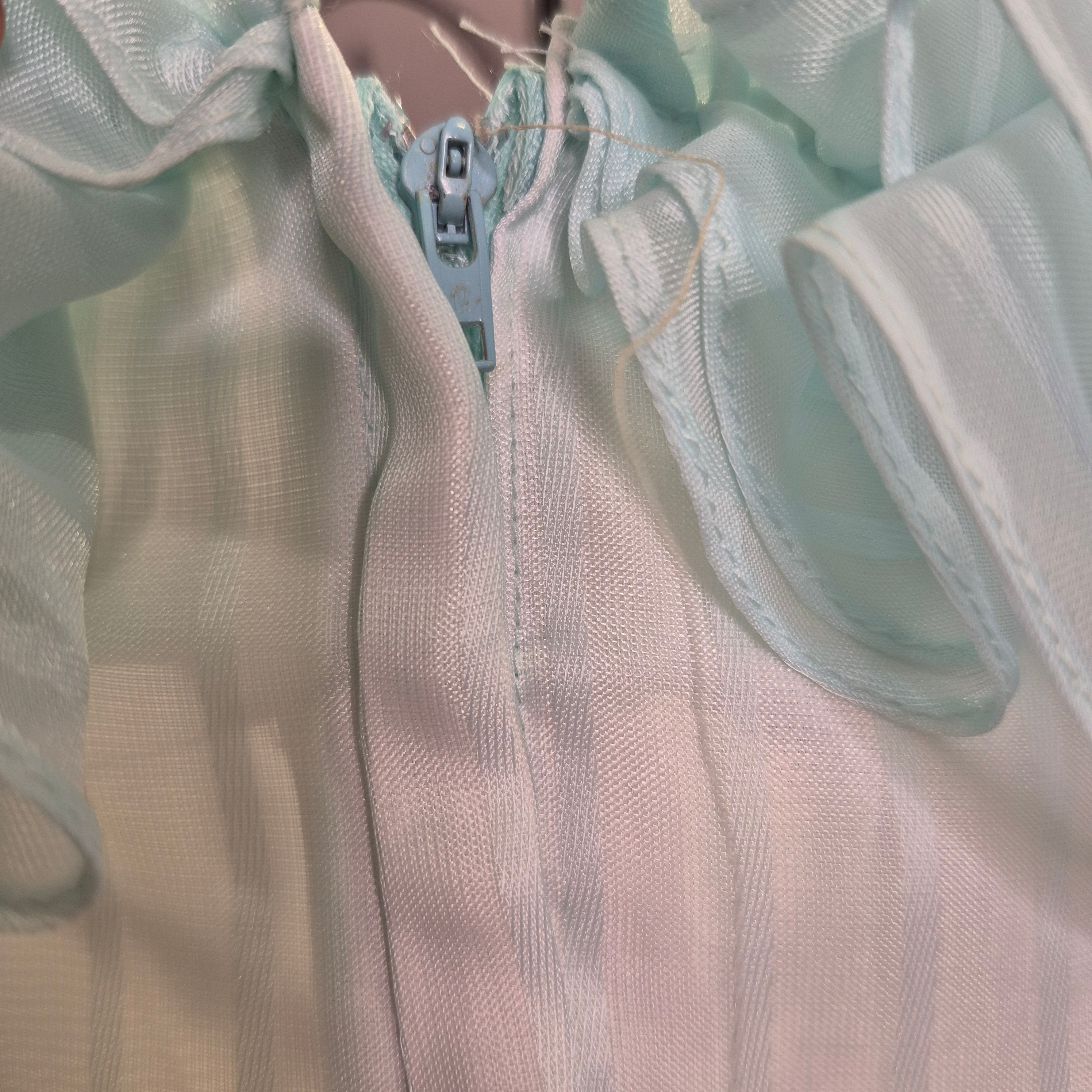 Roberta California Vintage Formal Dress – Light Blue Teal Ruffled Shoulder