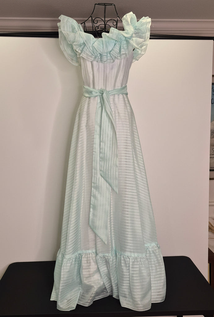 Roberta California Vintage Formal Dress – Light Blue Teal Ruffled Shoulder