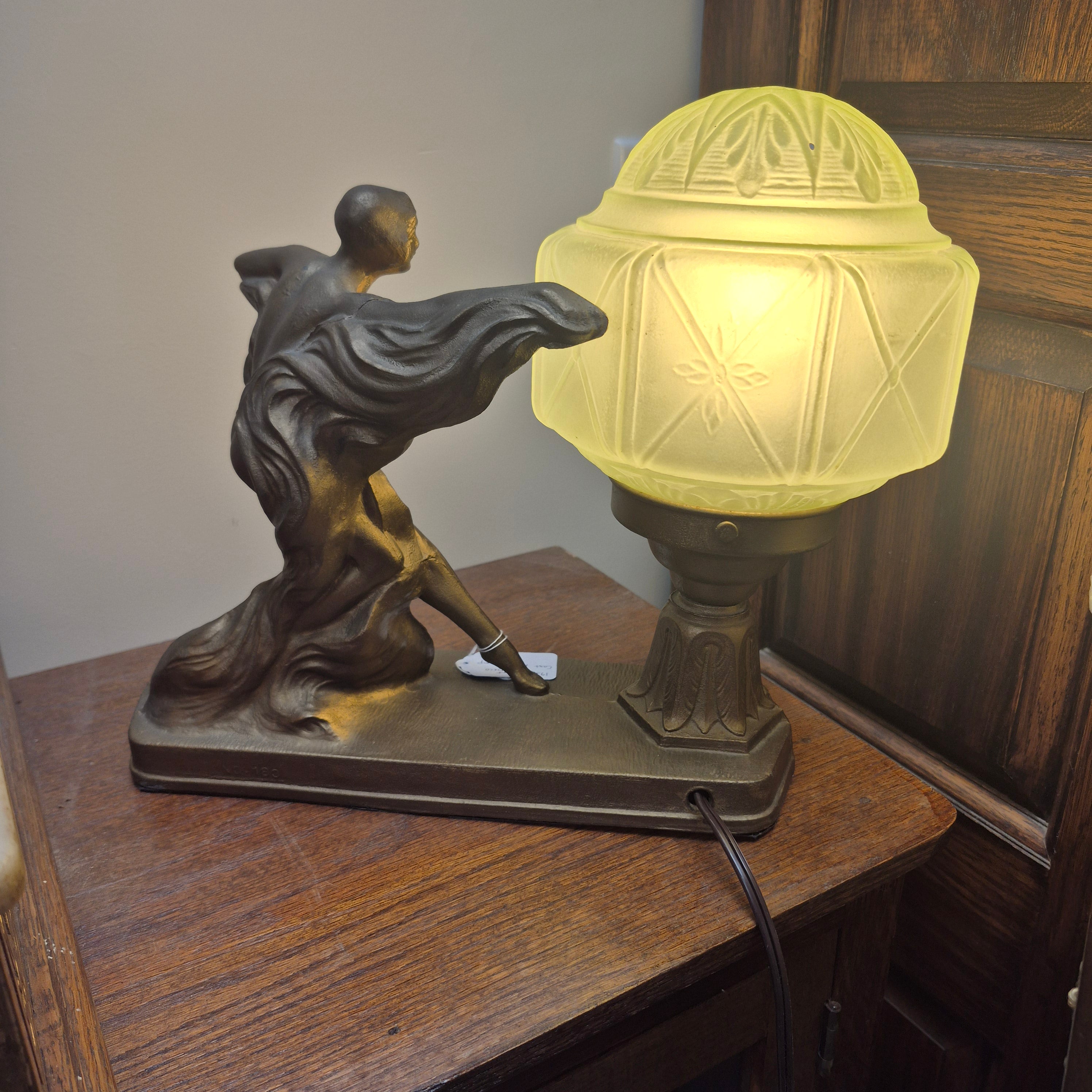 1920s Art Deco Dancer Figural Lamp with Green Glass Globe