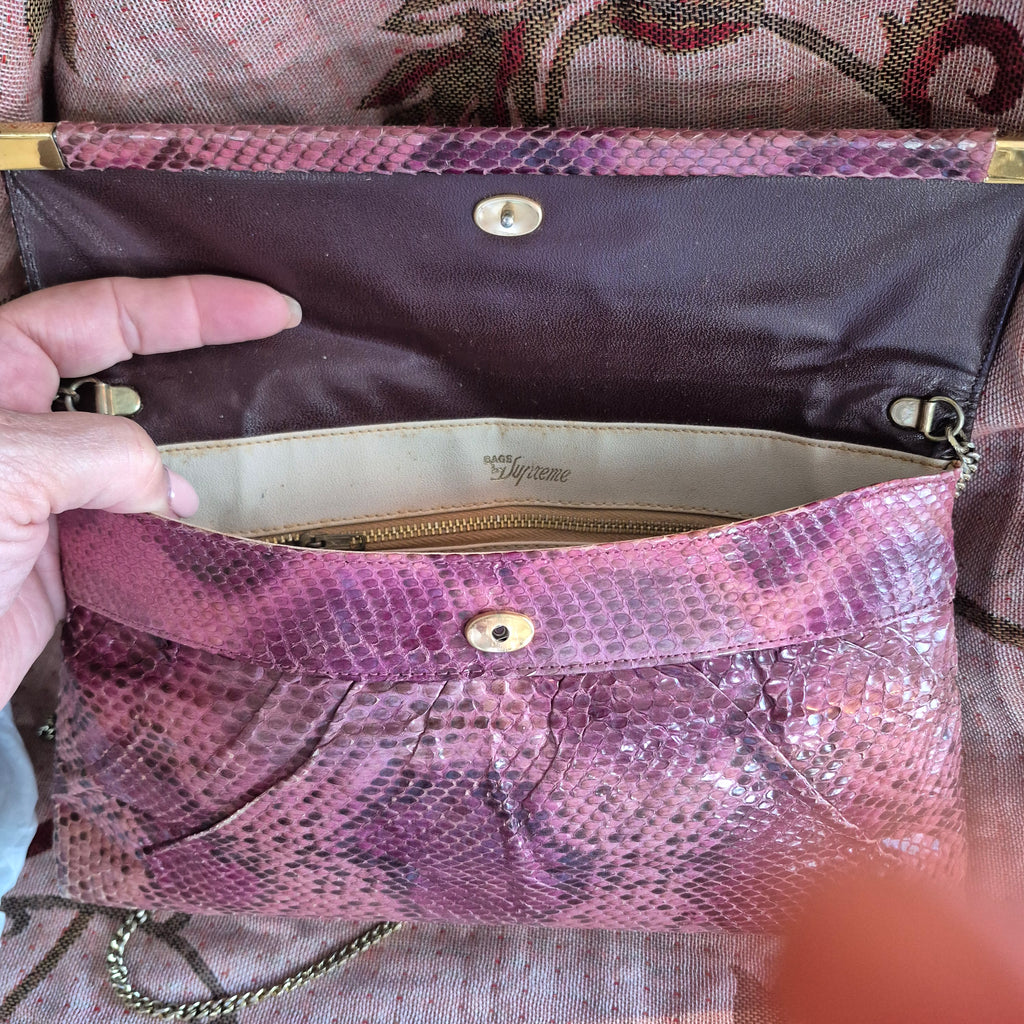 Vintage 1970s Bags by Supreme Real Snakeskin Chain Shoulder Bag Deep Pink Gold