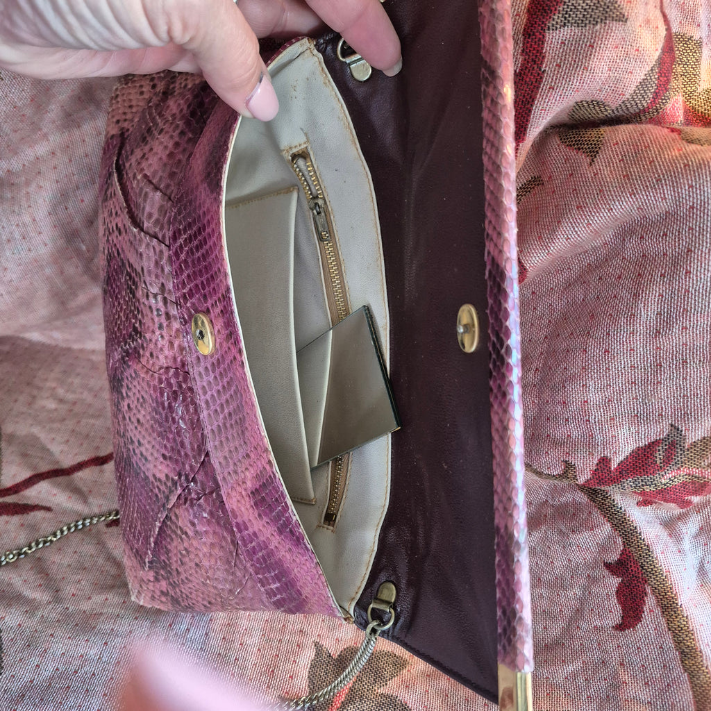 Vintage 1970s Bags by Supreme Real Snakeskin Chain Shoulder Bag Deep Pink Gold