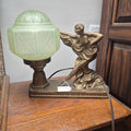 1920s Art Deco Dancer Figural Lamp with Green Glass Globe