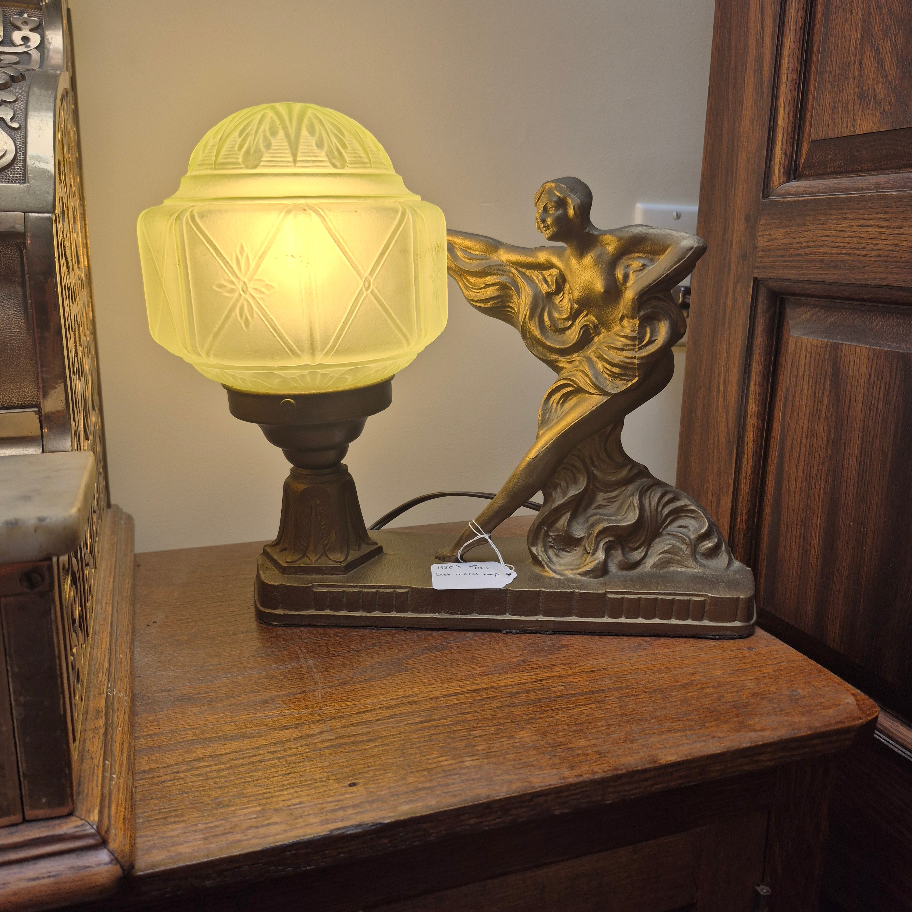 1920s Art Deco Dancer Figural Lamp with Green Glass Globe