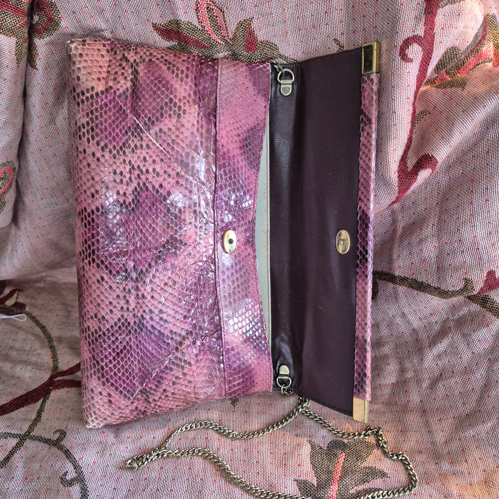 Vintage 1970s Bags by Supreme Real Snakeskin Chain Shoulder Bag Deep Pink Gold