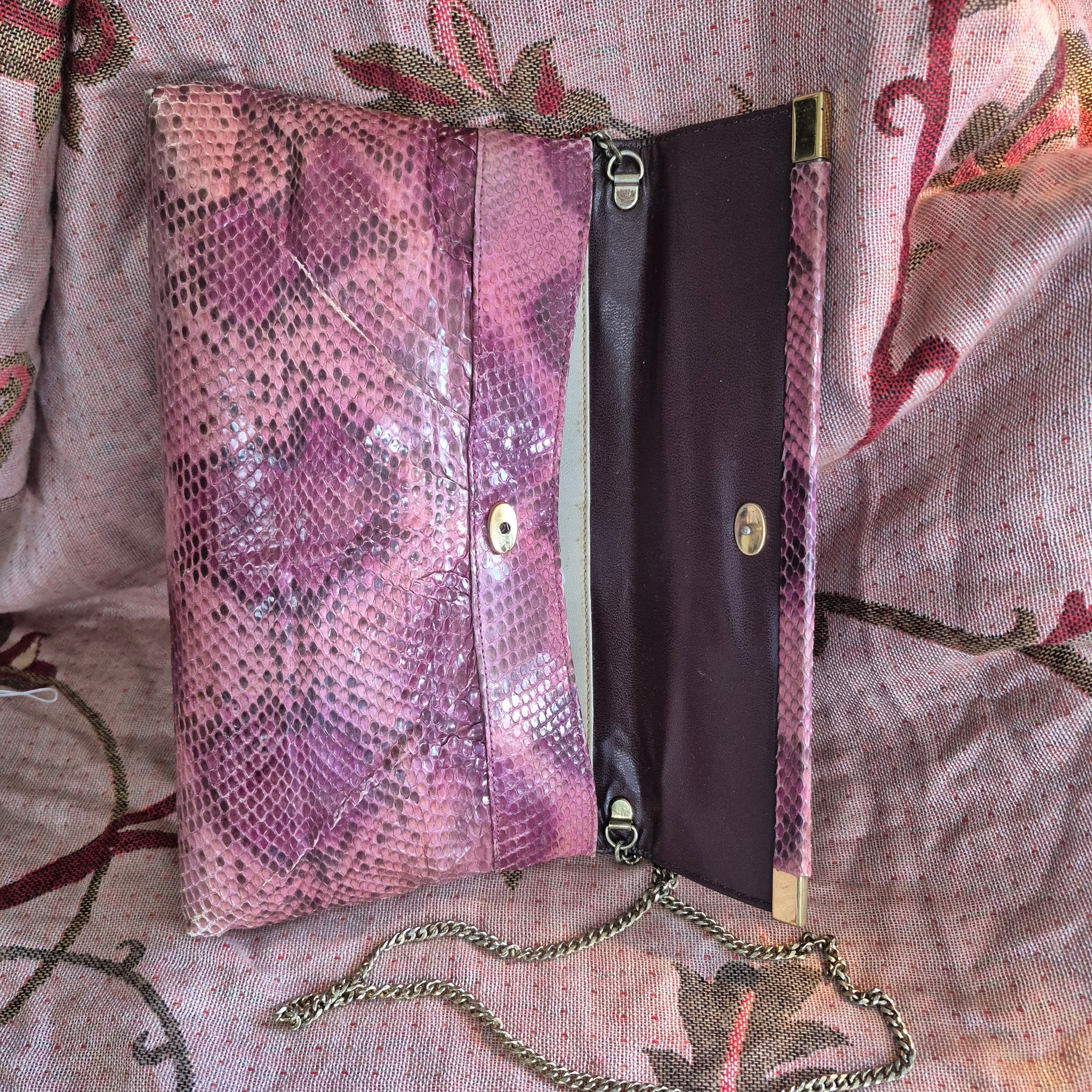 Vintage 1970s Bags by Supreme Real Snakeskin Chain Shoulder Bag Deep Pink Gold