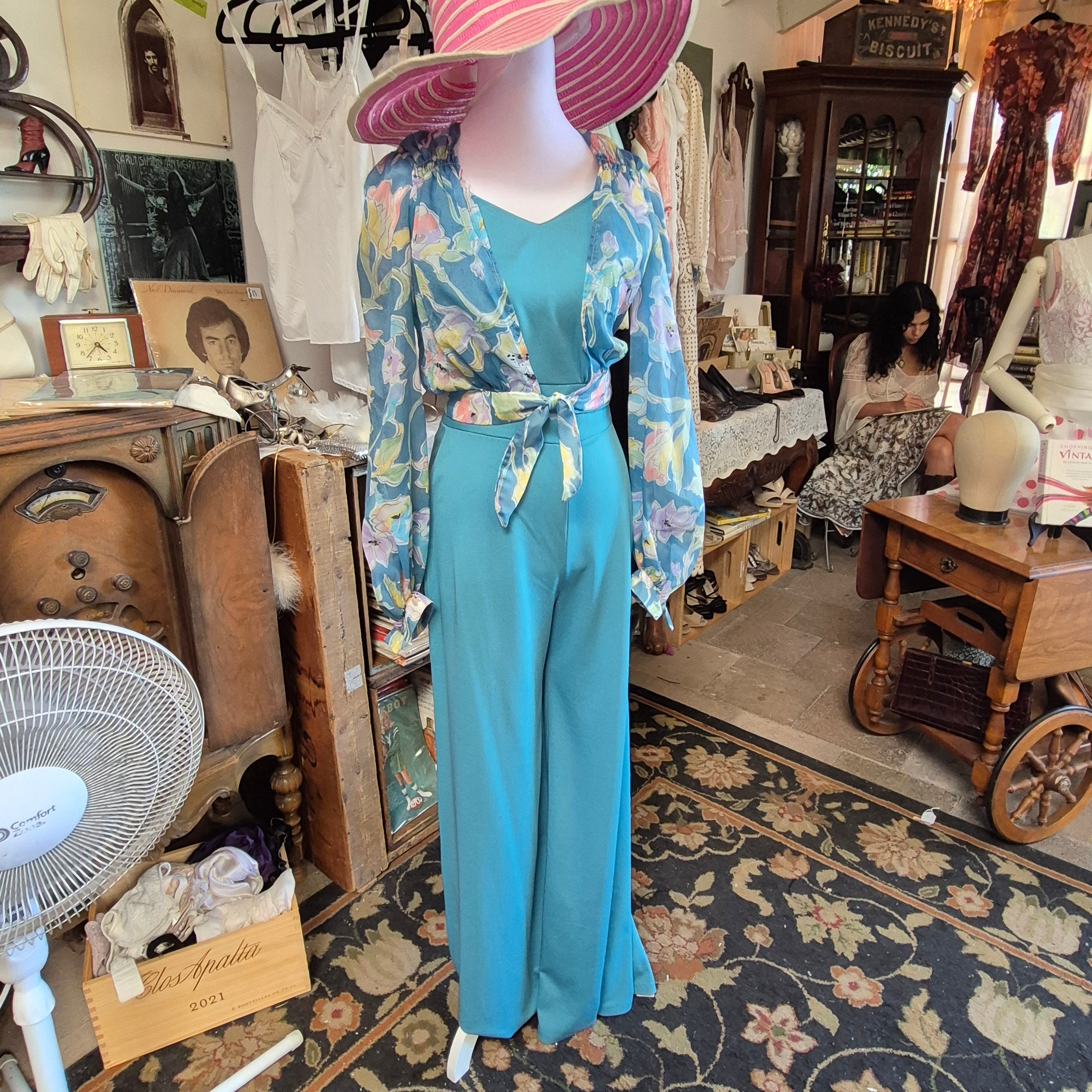 1970s Joseph Magnin 3-Piece high-waist gaucho bottoms floral wrap top